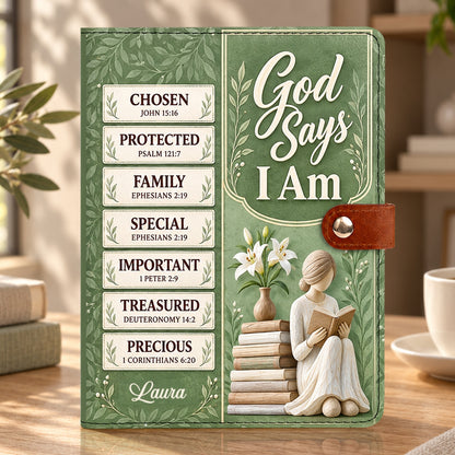 God Says I Am, Gift For Women | Personalized Leather Notebook Cover With Pocket