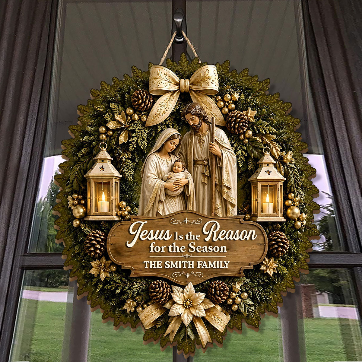 Jesus Is The Reason For The Season, Gift For Family - Personalized Wooden Door Sign