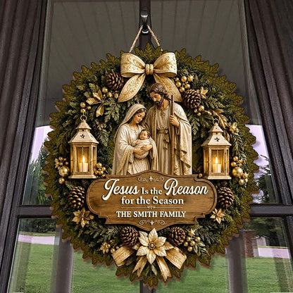 Jesus Is The Reason For The Season, Gift For Family - Personalized Wooden Door Sign