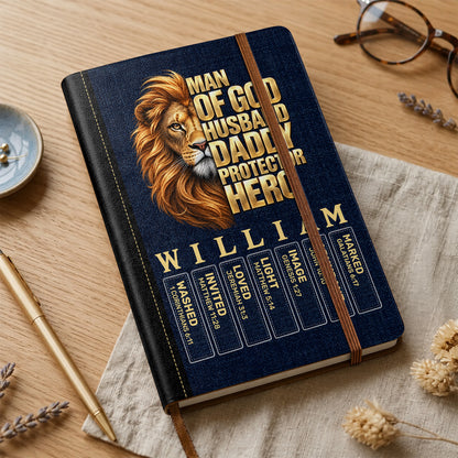 Man Of God Husband Dad Protector Hero, Gift For Dad | Personalized Leather Cover Notebook