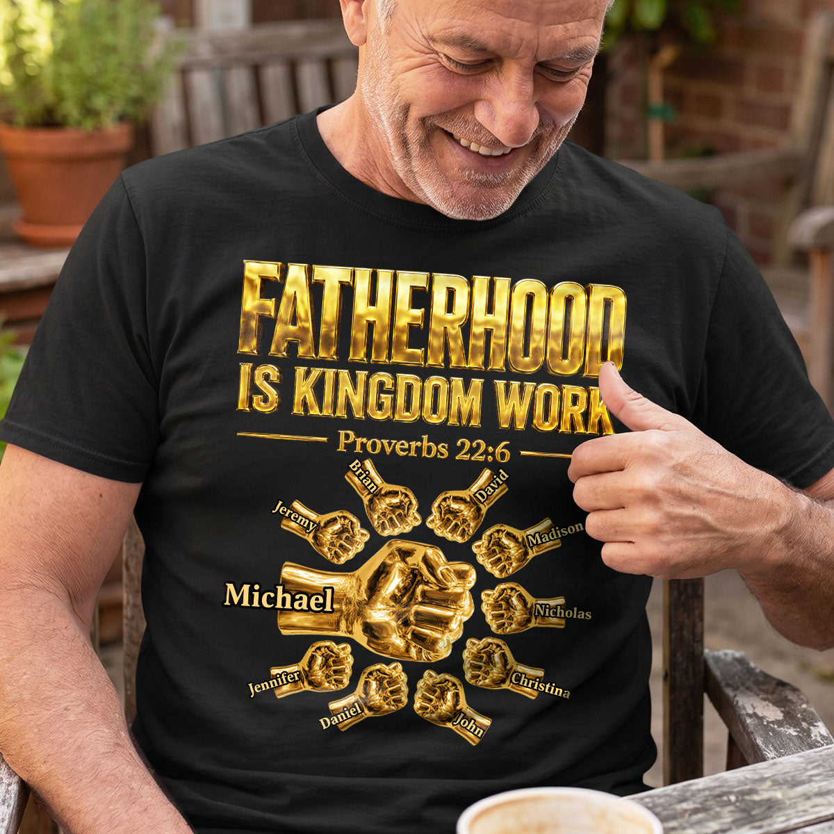 Fatherhood Is Kingdom Work Golden Fist Bump | Personalized 2D Unisex T-shirt