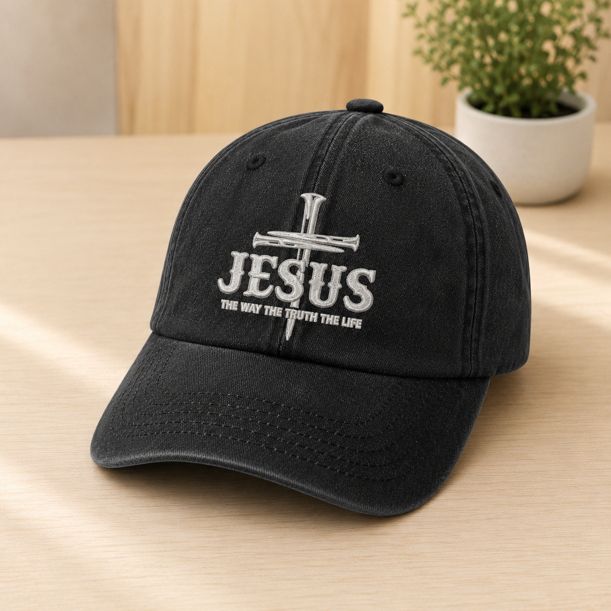 Jesus The Way The Truth The Life, Gift of Faith | Personalized Vintage Washed Denim Cap