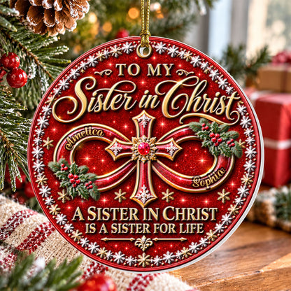 To My Sister In Christ, Christian Christmas Gifts For Sister In Christ | Personalized 3D Relief White Acrylic Ornament