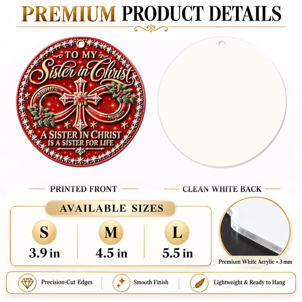 To My Sister In Christ, Christian Christmas Gifts For Sister In Christ | Personalized 3D Relief White Acrylic Ornament