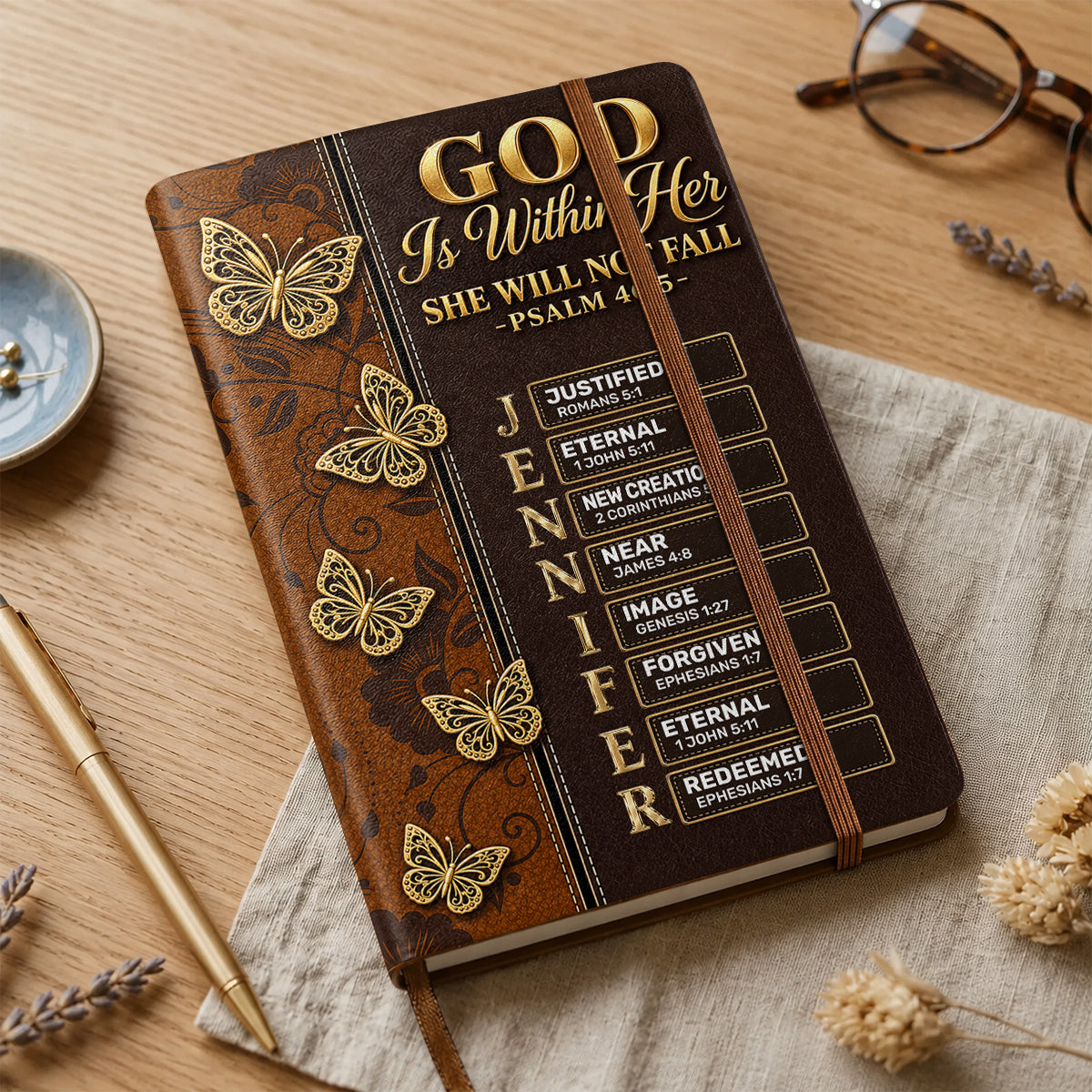 God Is Within Her She Will Not Fall, Gift For Women | Personalized Leather Cover Notebook
