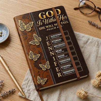 God Is Within Her She Will Not Fall, Gift For Women | Personalized Leather Cover Notebook