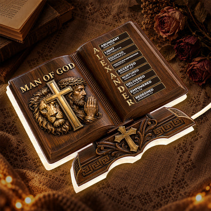 Man Of God Husband Daddy Protector Hero Wooden Edition, Gift For Husband And Dad | Personalized Light Box