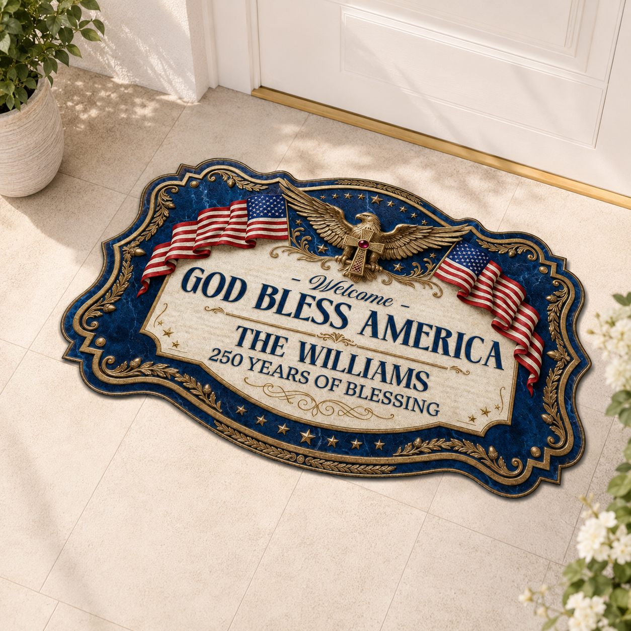God Bless America, Gift of Freedom | Personalized Custom Shape Doormat