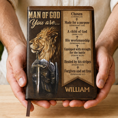 Man Of God Lion of Judah Warrior, Gift For Husband | Personalized Leather Cover Notebook