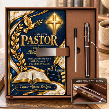 A Truly Great Pastor, Gift For Pastor | Personalized Leather Notebook & Pen Set