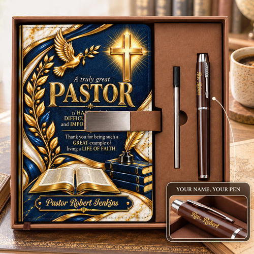 A Truly Great Pastor, Gift For Pastor | Personalized Leather Notebook & Pen Set