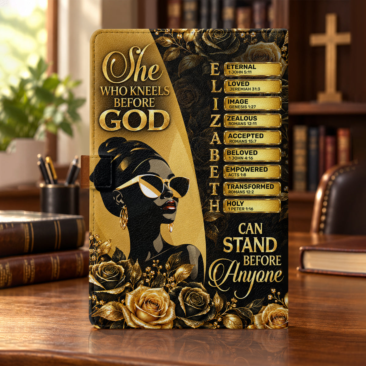 She Who Kneels Before God Can Stand Before Anyone, Gift For Women | Personalized Leather Notebook & Pen Set