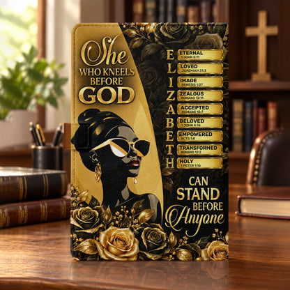 She Who Kneels Before God Can Stand Before Anyone, Gift For Women | Personalized Leather Notebook & Pen Set