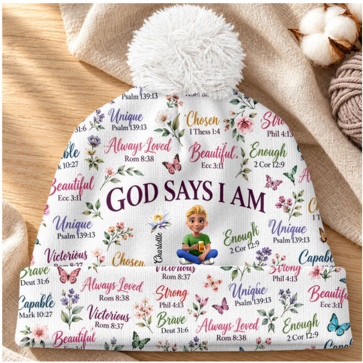 Kid Birth Flower God Says I Am, Gift For Kid, Granddaughter, Grandson | Personalized Bobble Beanie Hat