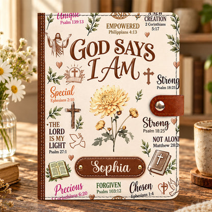 God Says I Am, Gift For Women | Personalized Leather Notebook Cover With Pocket