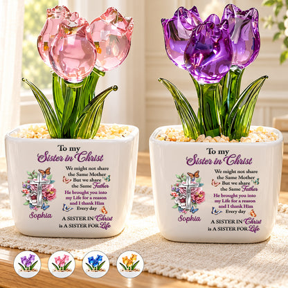 To My Sister In Christ, Christian Gifts For Sister In Christ | Personalized Glass Everlasting Tulips
