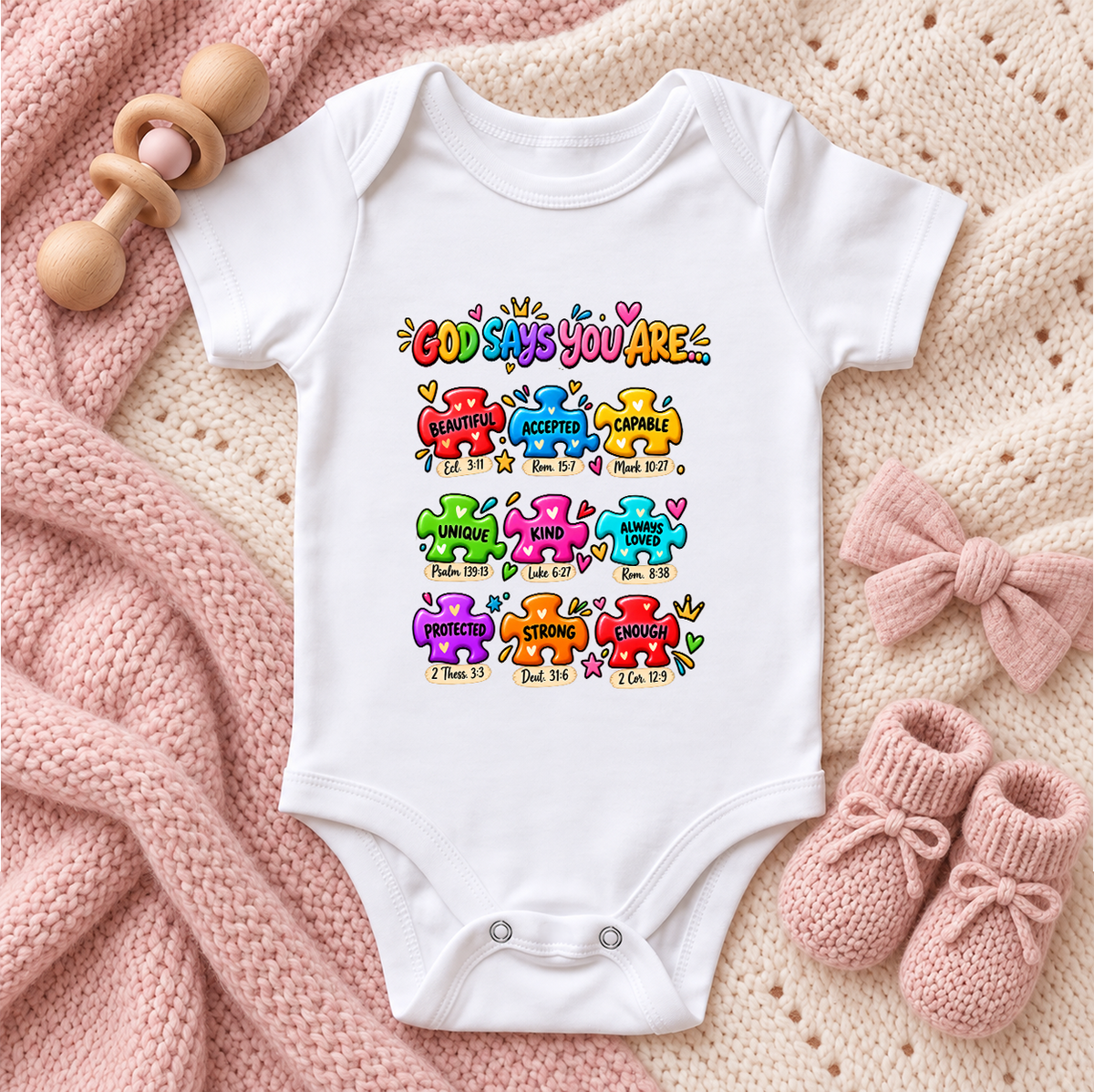 God Says You Are Beautiful, Accepted, Capable Onesie, Gift For Christian Families | Personalized Custom Baby Onesie