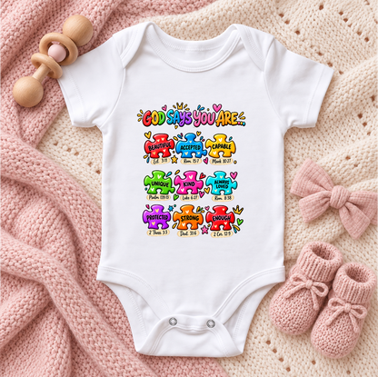 God Says You Are Beautiful, Accepted, Capable Onesie, Gift For Christian Families | Personalized Custom Baby Onesie
