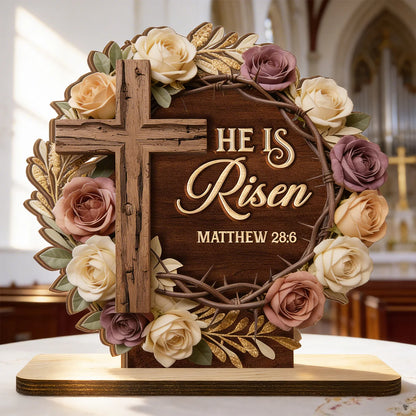 He Is Risen Flower Wreath | 2-Layer Wood Plaque With Flat Base