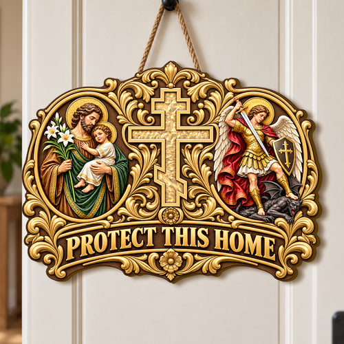 Saint Joseph Saint Michael Protect This Home, Gift For Catholic Family | Wooden Door Sign