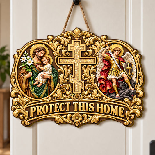 Saint Joseph Saint Michael Protect This Home, Gift For Catholic Family | Wooden Door Sign