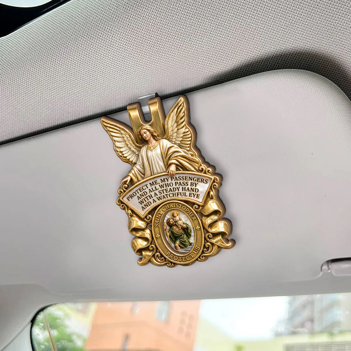 St. Christopher & Guardian Angel Protect Us, Guardian Angel Gift | Car Visor Clip