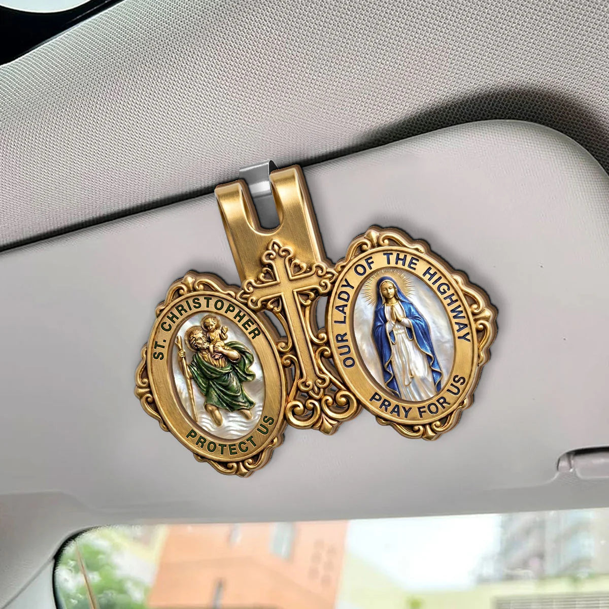 St. Christopher & Mary Protection, Patron Saint Gift | Car Visor Clip