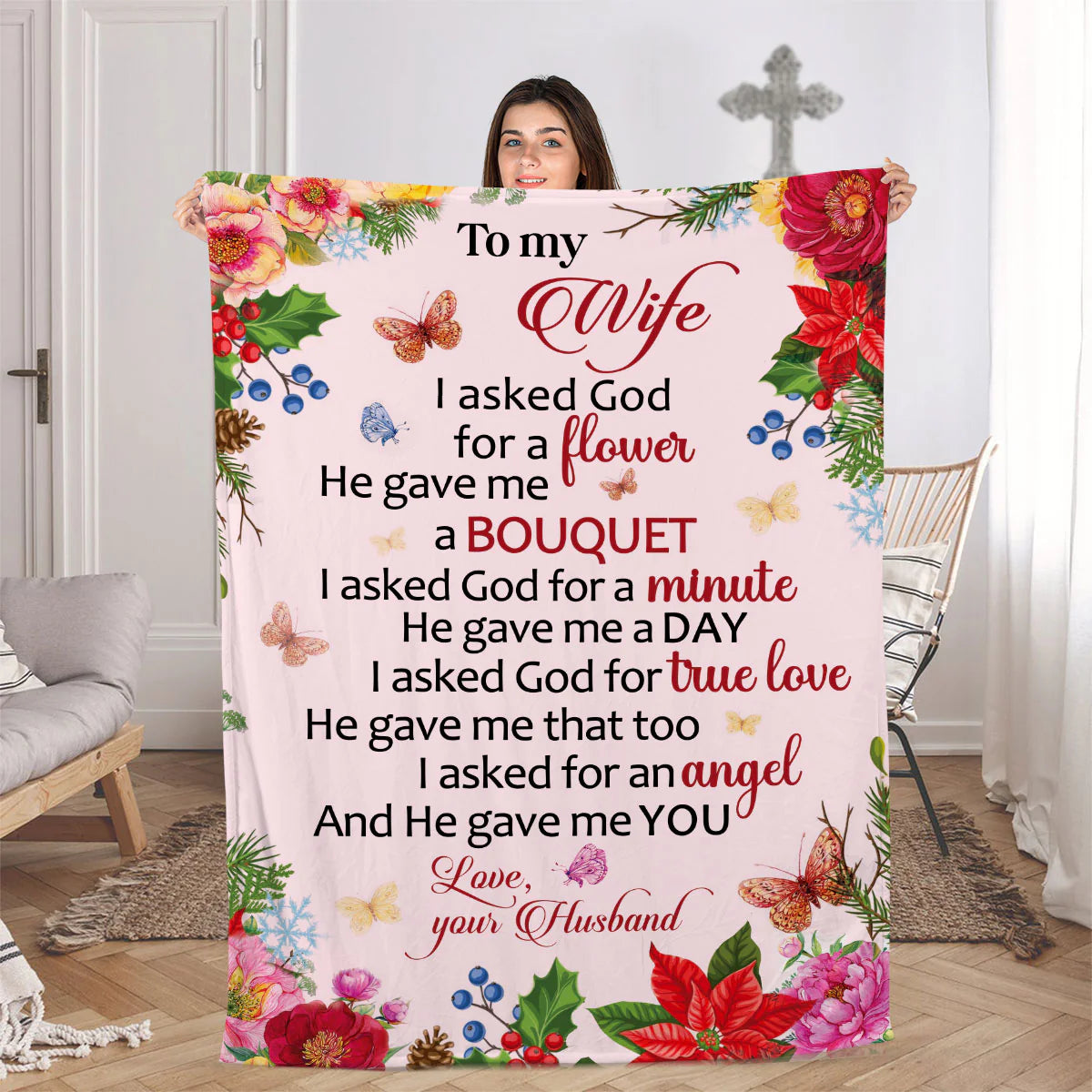 To My Wife Christian Blanket, I Asked God for an Angel Love Message Blanket, Romantic Gift from Husband