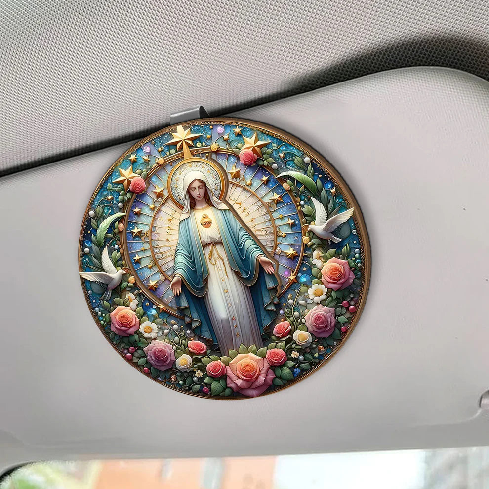Virgin Mary Dove Flower - Car Visor Clip