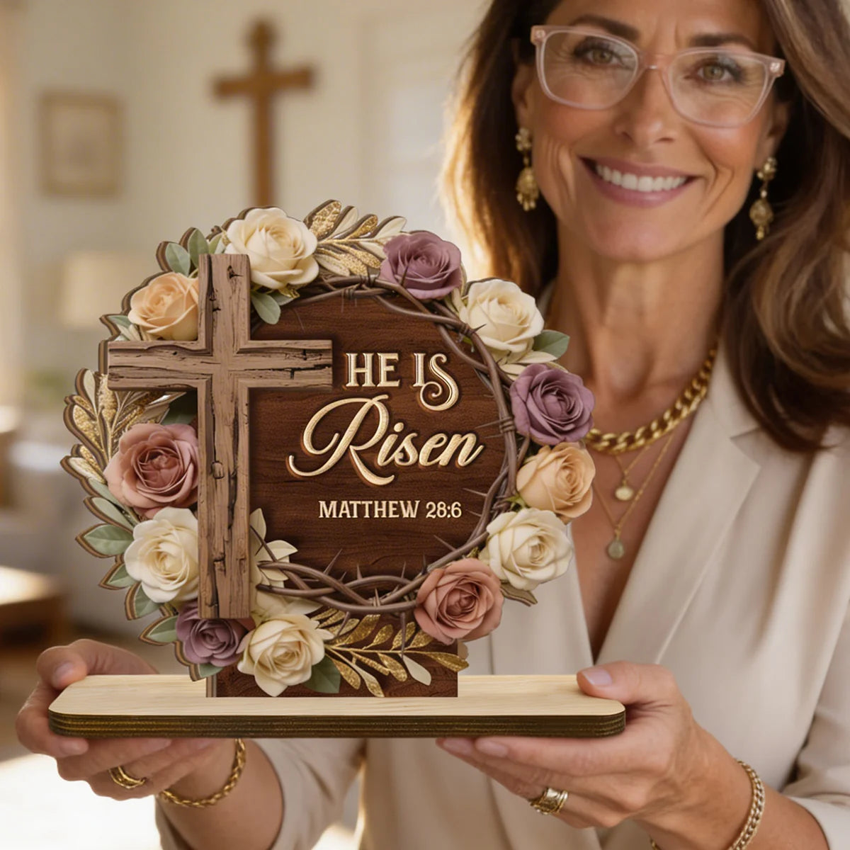 He Is Risen Flower Wreath | 2-Layer Wood Plaque With Flat Base