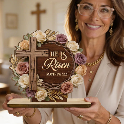 He Is Risen Flower Wreath | 2-Layer Wood Plaque With Flat Base