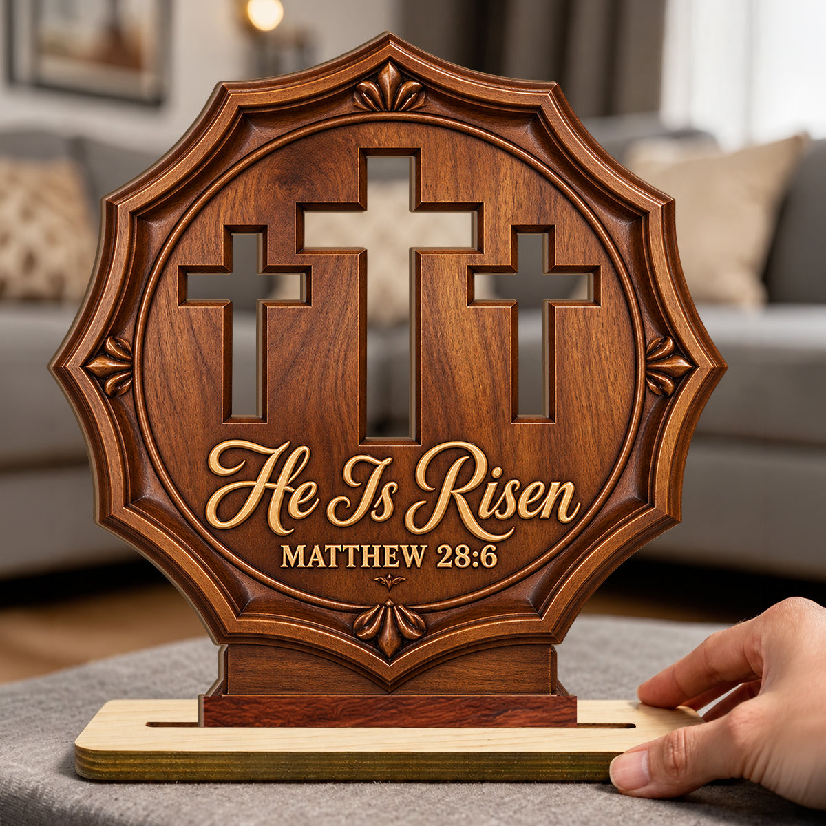 He Is Risen Three Crosses, Gift For Loved One | 2-Layer Wood Plaque With Flat Base