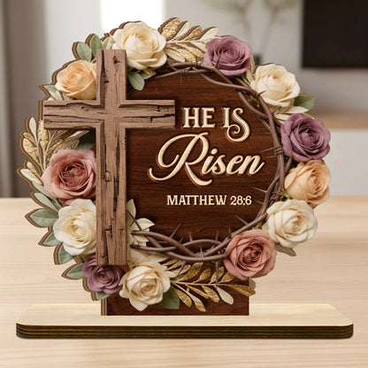 He Is Risen Flower Wreath | 2-Layer Wood Plaque With Flat Base