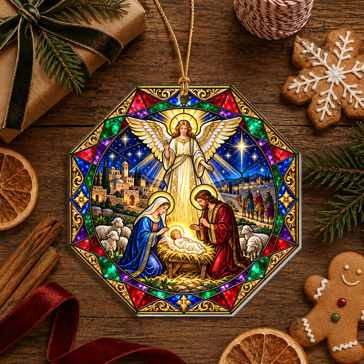 Stained Glass Nativity, Gift For Christian Family - 1-Layer Acrylic Ornament