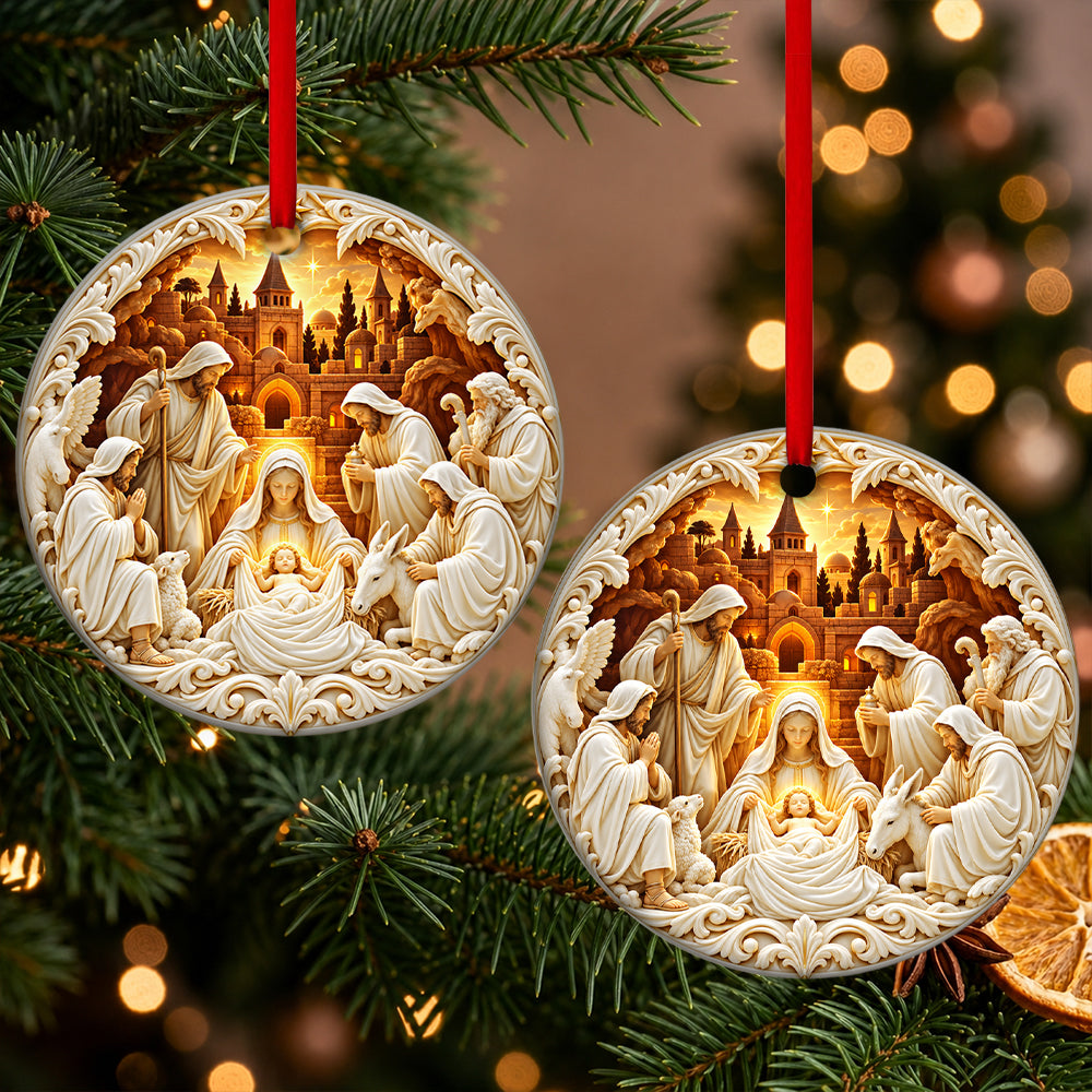 Nativity Christmas, Gift For Family | Round Shaped Ceramic Ornament