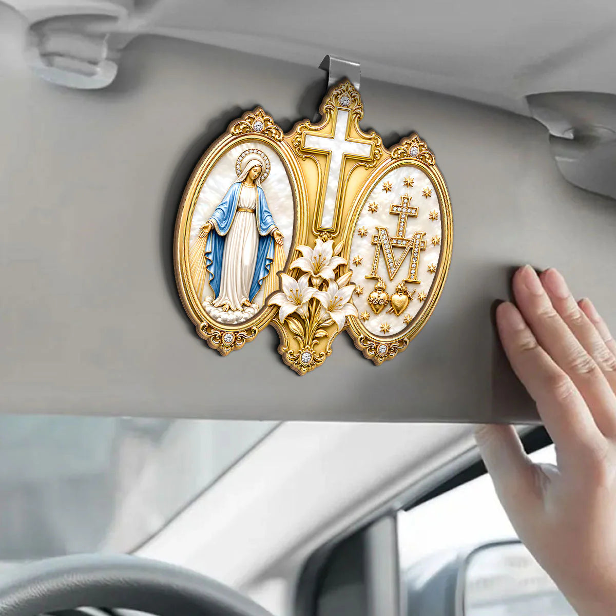 Our Lady's Monogram Blessing, Marian Gift | Car Visor Clip