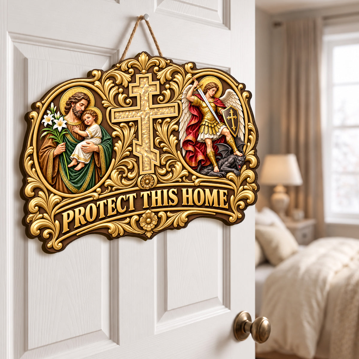 Saint Joseph Saint Michael Protect This Home, Gift For Catholic Family | Wooden Door Sign