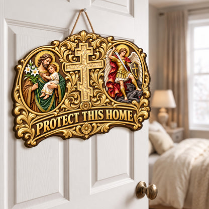 Saint Joseph Saint Michael Protect This Home, Gift For Catholic Family | Wooden Door Sign