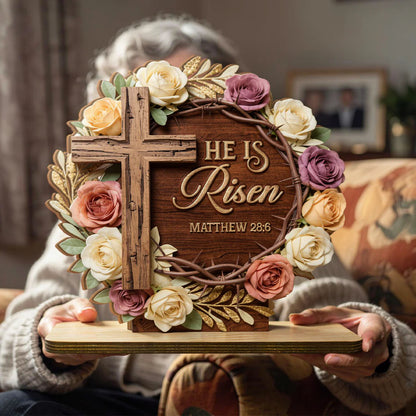 He Is Risen Flower Wreath | 2-Layer Wood Plaque With Flat Base