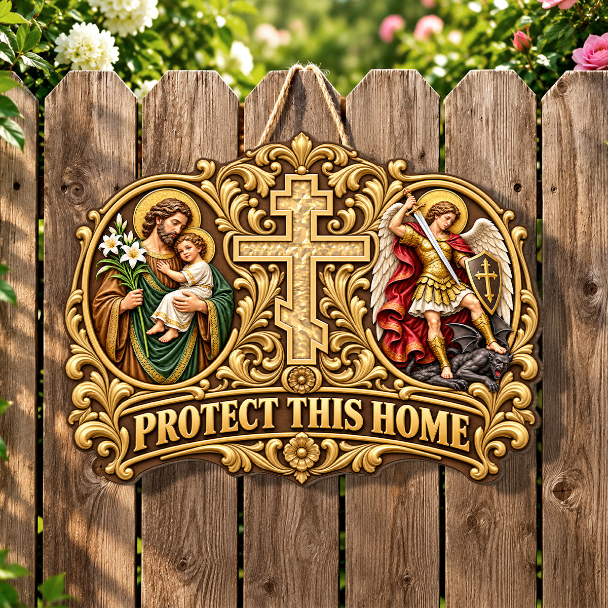 Saint Joseph Saint Michael Protect This Home, Gift For Catholic Family | Wooden Door Sign