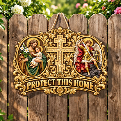 Saint Joseph Saint Michael Protect This Home, Gift For Catholic Family | Wooden Door Sign
