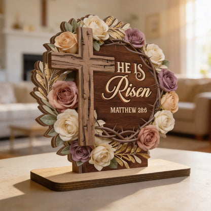 He Is Risen Flower Wreath | 2-Layer Wood Plaque With Flat Base