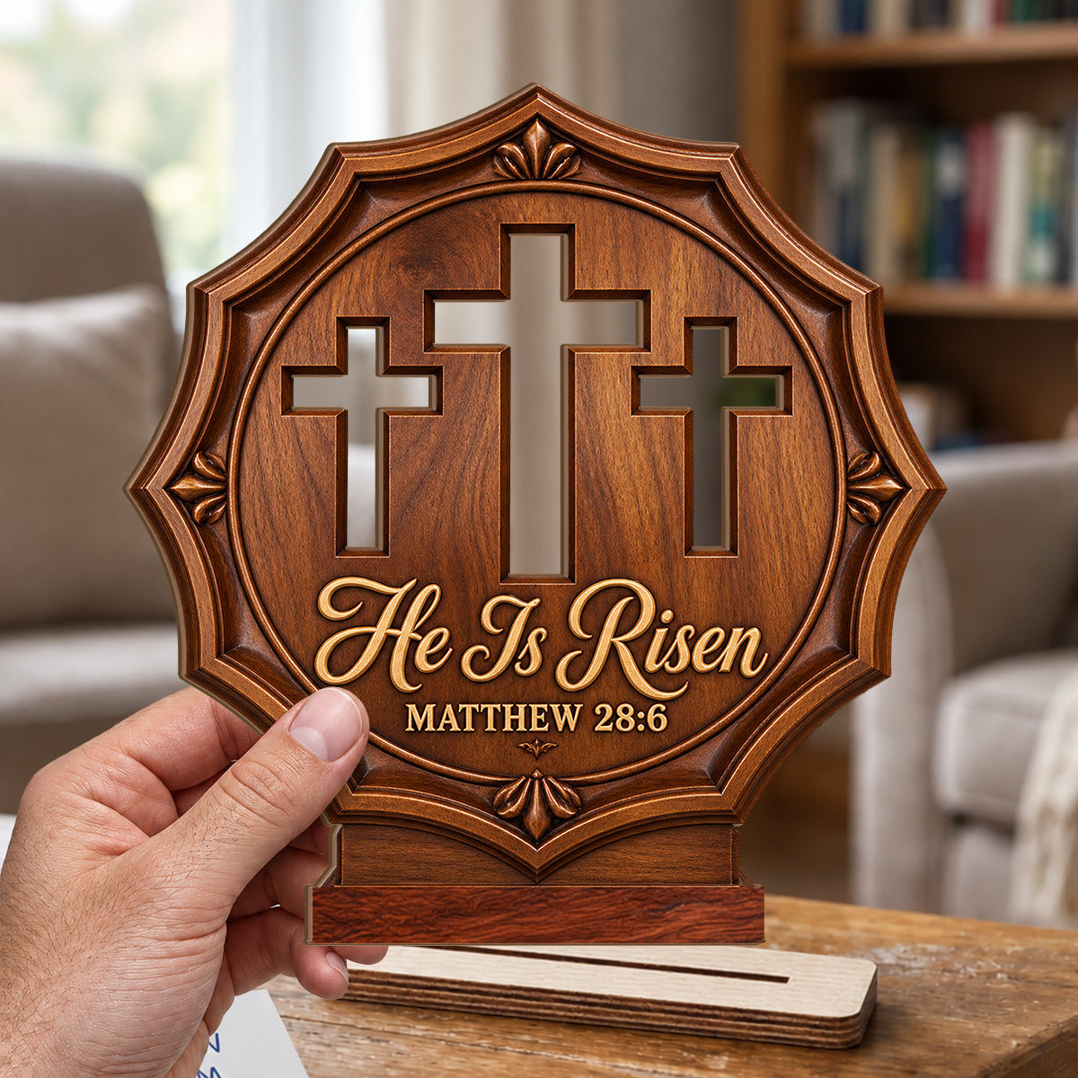 He Is Risen Three Crosses, Gift For Loved One | 2-Layer Wood Plaque With Flat Base