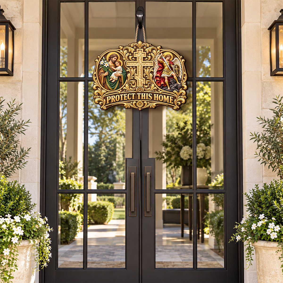 Saint Joseph Saint Michael Protect This Home, Gift For Catholic Family | Wooden Door Sign