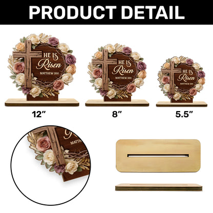 He Is Risen Flower Wreath | 2-Layer Wood Plaque With Flat Base