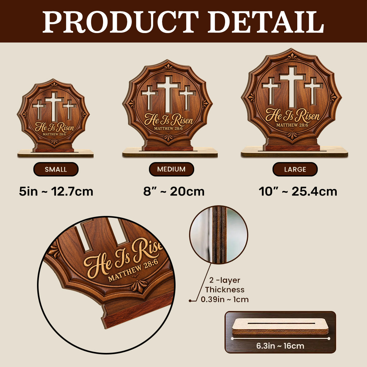He Is Risen Three Crosses, Gift For Loved One | 2-Layer Wood Plaque With Flat Base