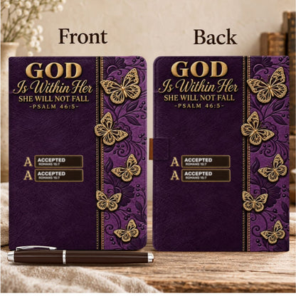 God Is Within Her She Will Not Fall Butterfly, Gift For Women | Personalized Leather Notebook & Pen Set