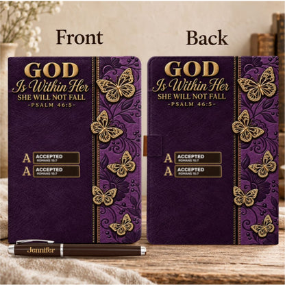 God Is Within Her She Will Not Fall Butterfly, Gift For Women | Personalized Leather Notebook & Pen Set