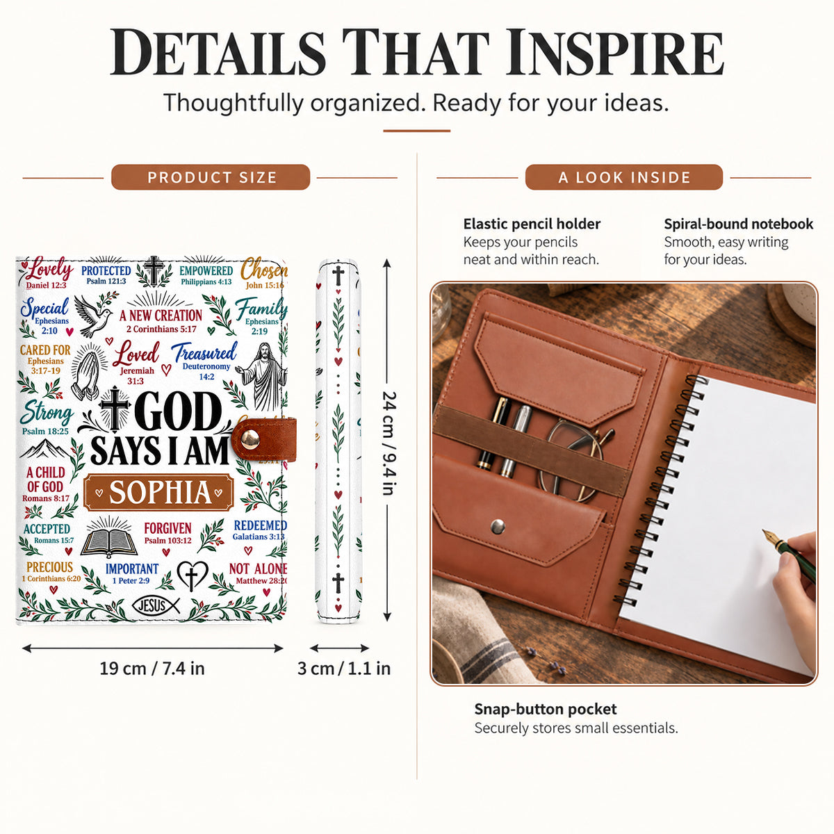 What God Says About You, Gift For Women | Personalized Leather Notebook Cover With Pocket