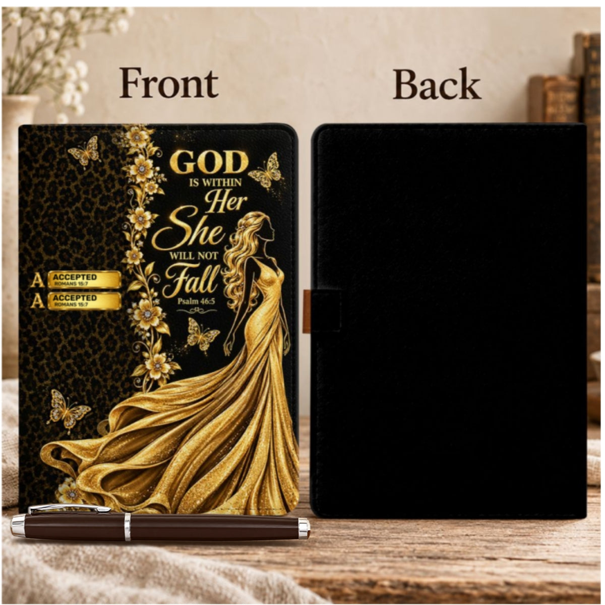 God Is Within Her She Will Not Fall, Gift For Women | Personalized Leather Notebook & Pen Set